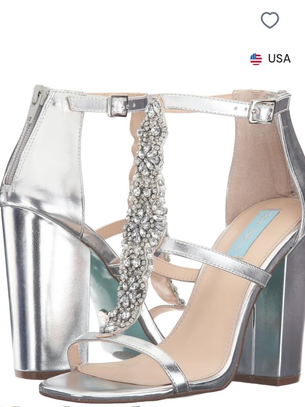 Betsey Johnson Silver Crystal T-Strap Block Heel Sandals